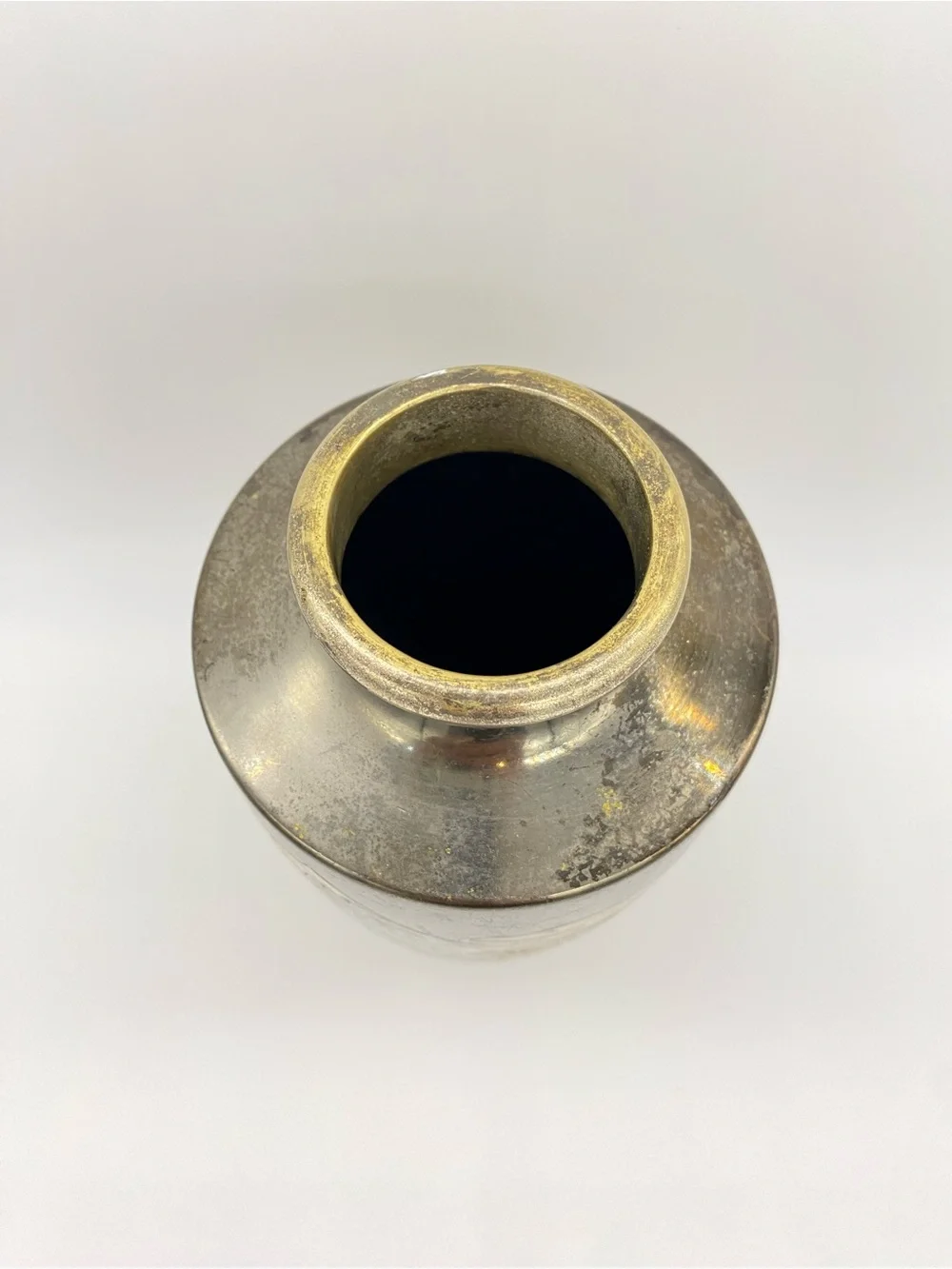Vintage Japanese Metal Vase Mount Fuji Pagoda Gold Silver Tone Inlay Asian Decor
